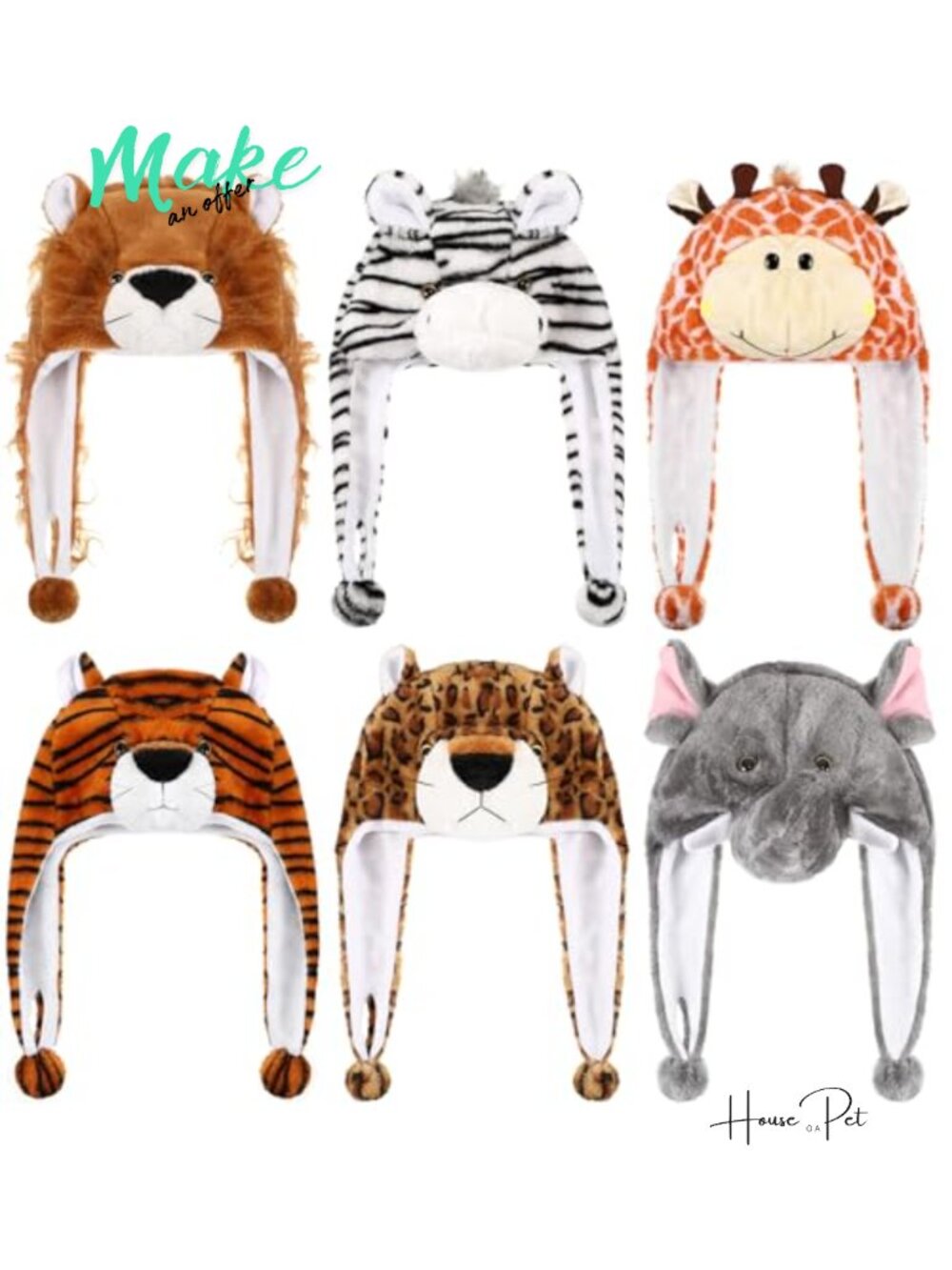6 Pc Plush Animal Costume Hats Coral Fleece Ear Flap Winter Party Set